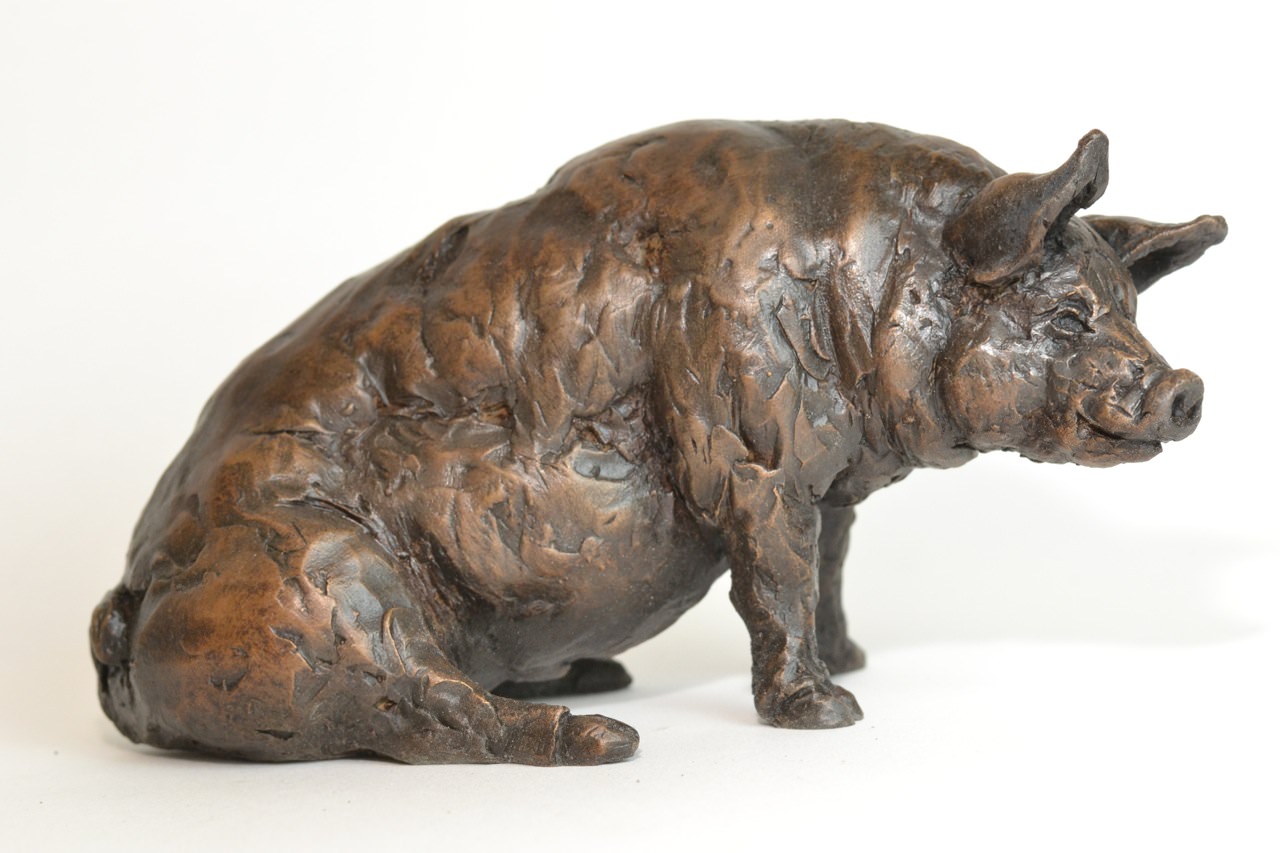 Bronze Sitting Pig Sculpture by animal sculptor Tanya Russell, MRBS