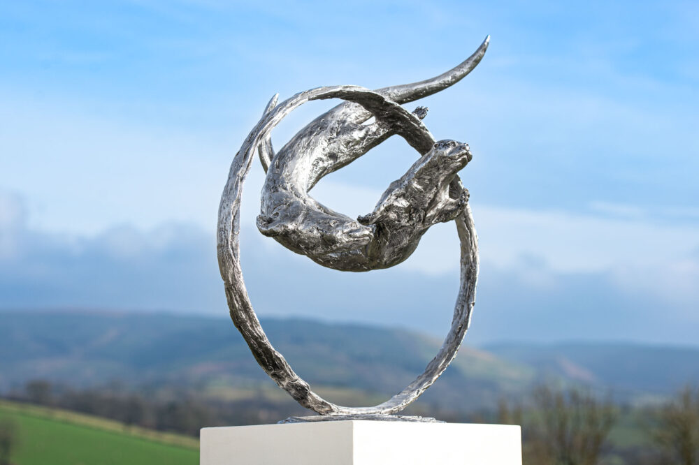 5 'Otters Swimming Through Ring', Bronze Otters, Otter Sculpture, Otters Statue, Stainless Steel Tanya Russell-2