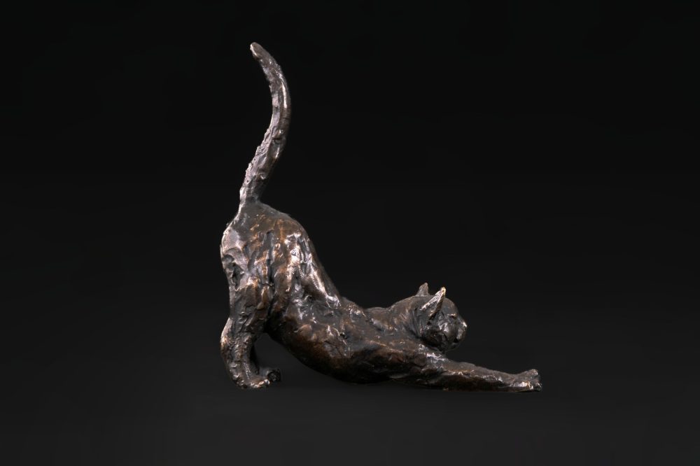 Foundry Bronze stretching cat sculpture