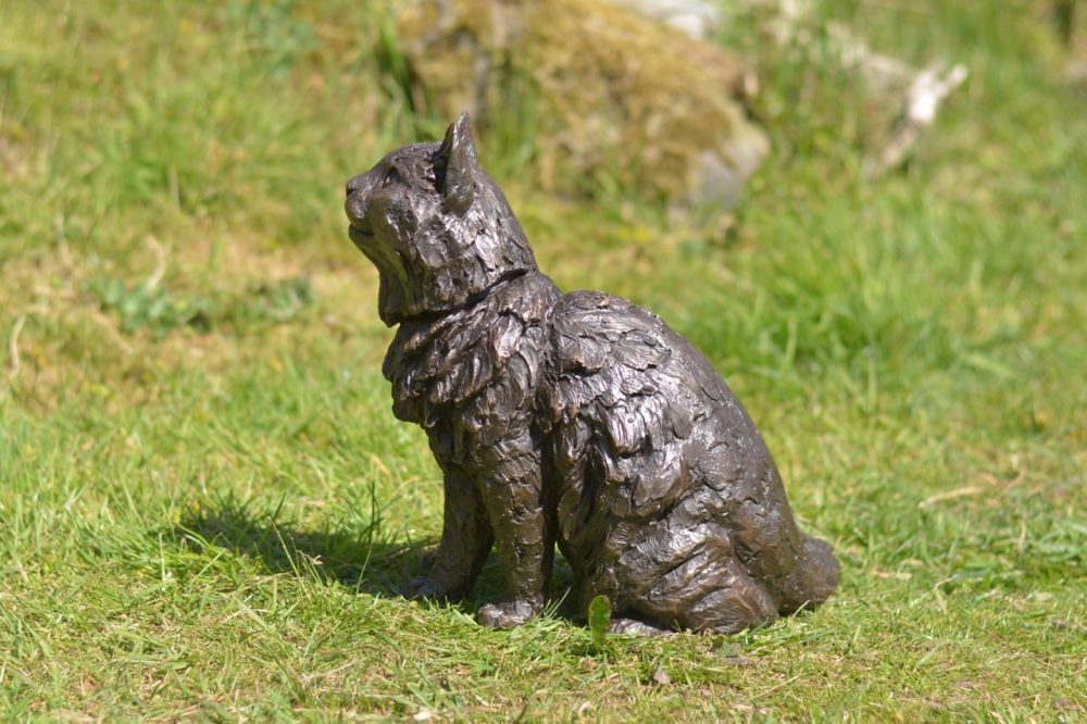 bronze sitting longhaired cat sculpture
