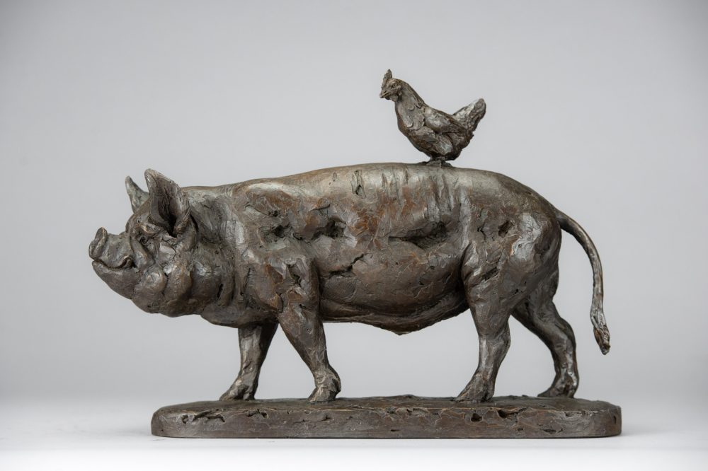 1 'Pig and Chicken', Bronze Pig, Pig Sculpture, Pig Statue, Bronze Resin, Tanya Russell Animal Sculpture-1