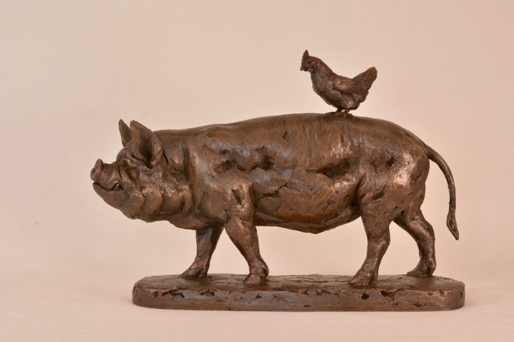 'Pig and Chicken' Sculpture, Pig and Chicken Statue, Bronze Resin Tanya Russell Animal Sculptures