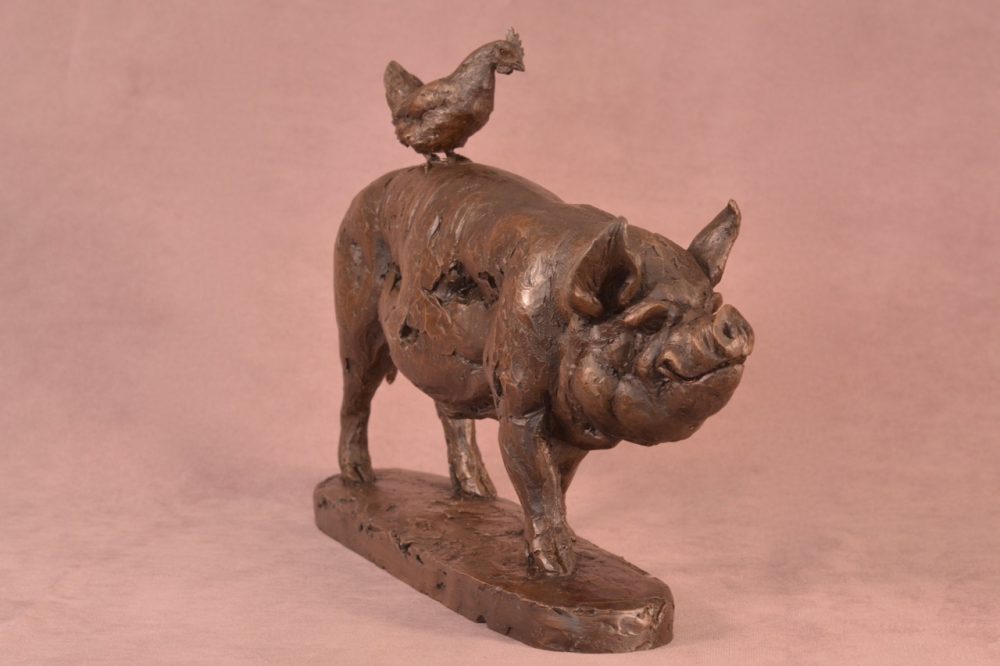 'Pig and Chicken' Sculpture, Pig and Chicken Statue, Bronze Resin Tanya Russell Animal Sculptures
