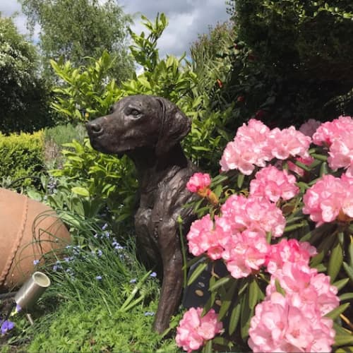 bronze dog statue in flowerbed