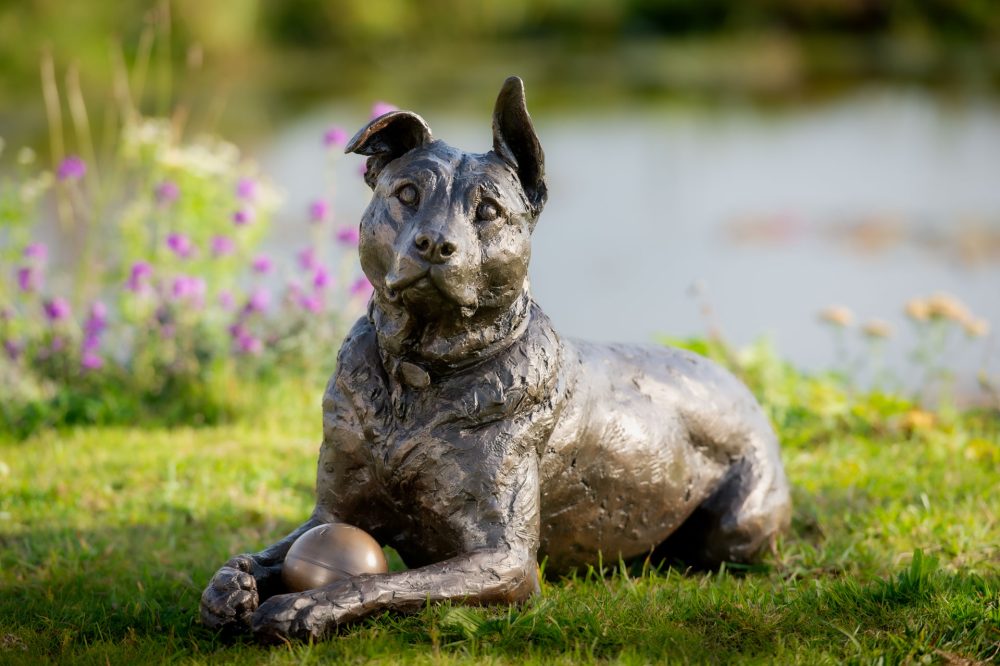 1 'Lying Crossbreed Dog with Ball, Rocky', Dog Sculpture, Bronze Dog, Bronze Resin, Tanya Russell Animal Sculptures-9 1 'Lying Crossbreed Dog with Ball, Rocky', Dog Sculpture, Bronze Dog, Bronze Resin, Tanya Russell Animal Sculptures-9