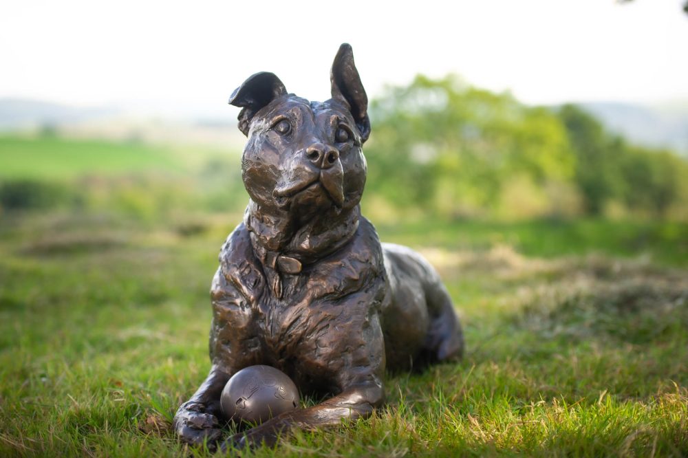 3 Lying Crossbreed Dog with Ball, Dog Statue, Lying Mixed Breed Dog, Foundry Bronze Metal, Tanya Russell Animal Sculptures (15 of 16)