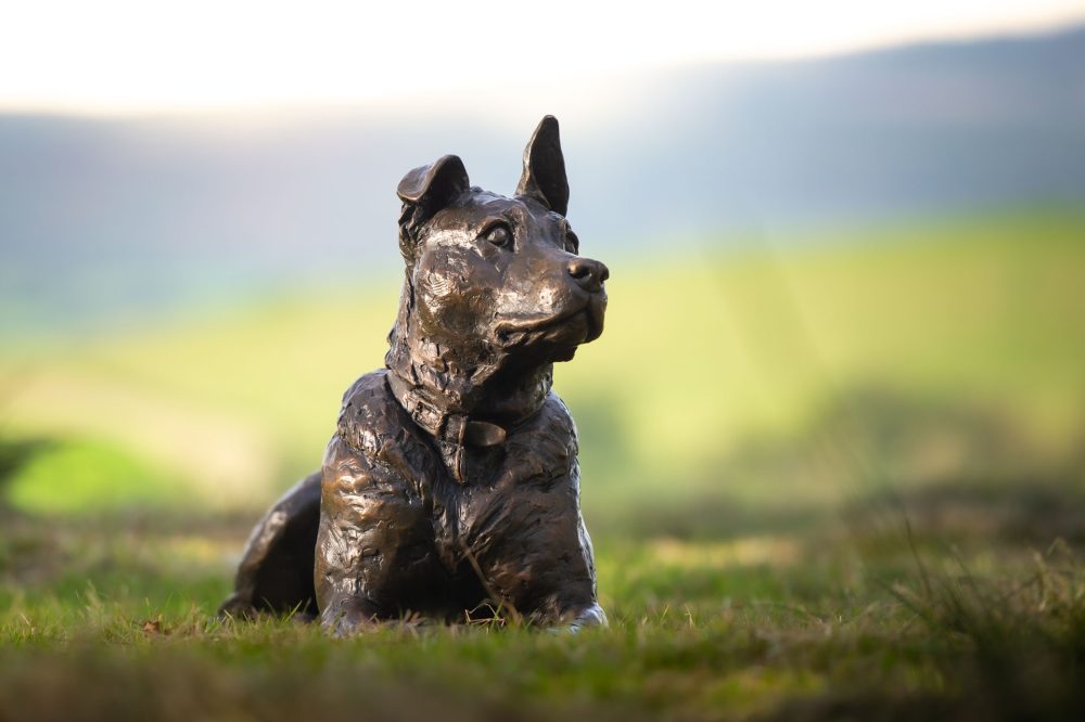 4 Lying Crossbreed Dog with Ball, Dog Statue, Lying Mixed Breed Dog, Foundry Bronze Metal, Tanya Russell Animal Sculptures (1 of 16)