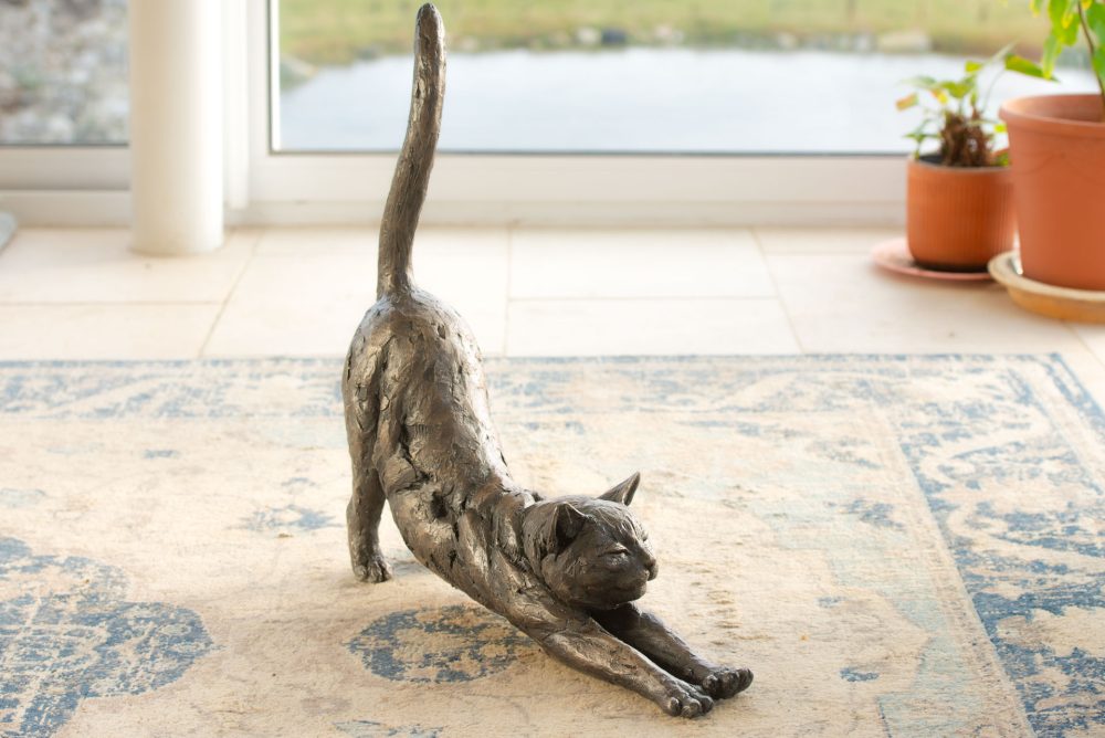 1 'Stretching Cat', Cat Sculpture, Cat Statue, Bronze Resin, Tanya Russell Animal Sculptures-1