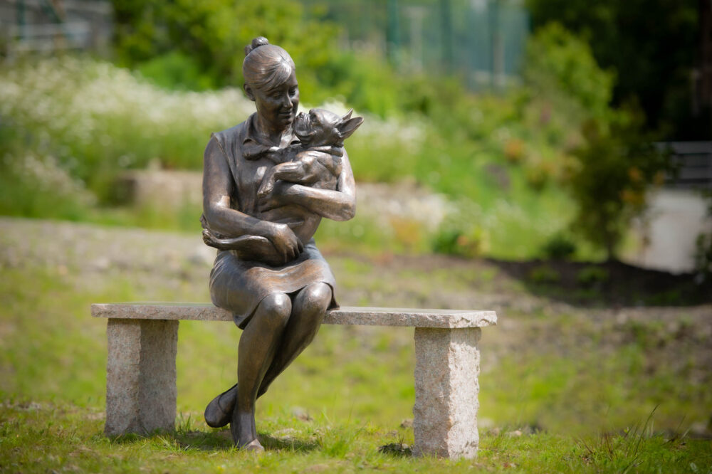 2 'Sitting Women With French Bulldog', Dog Sculpture, Dog Statue, Foundry Bronze Metal, Tanya Russell Dog Sculptures-3